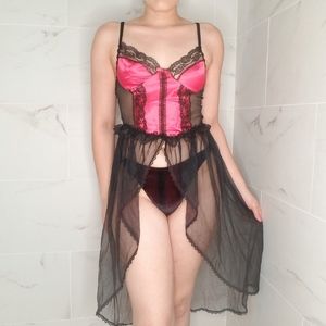 Vintage Lace Trim Pink Black Nightgown Negligee